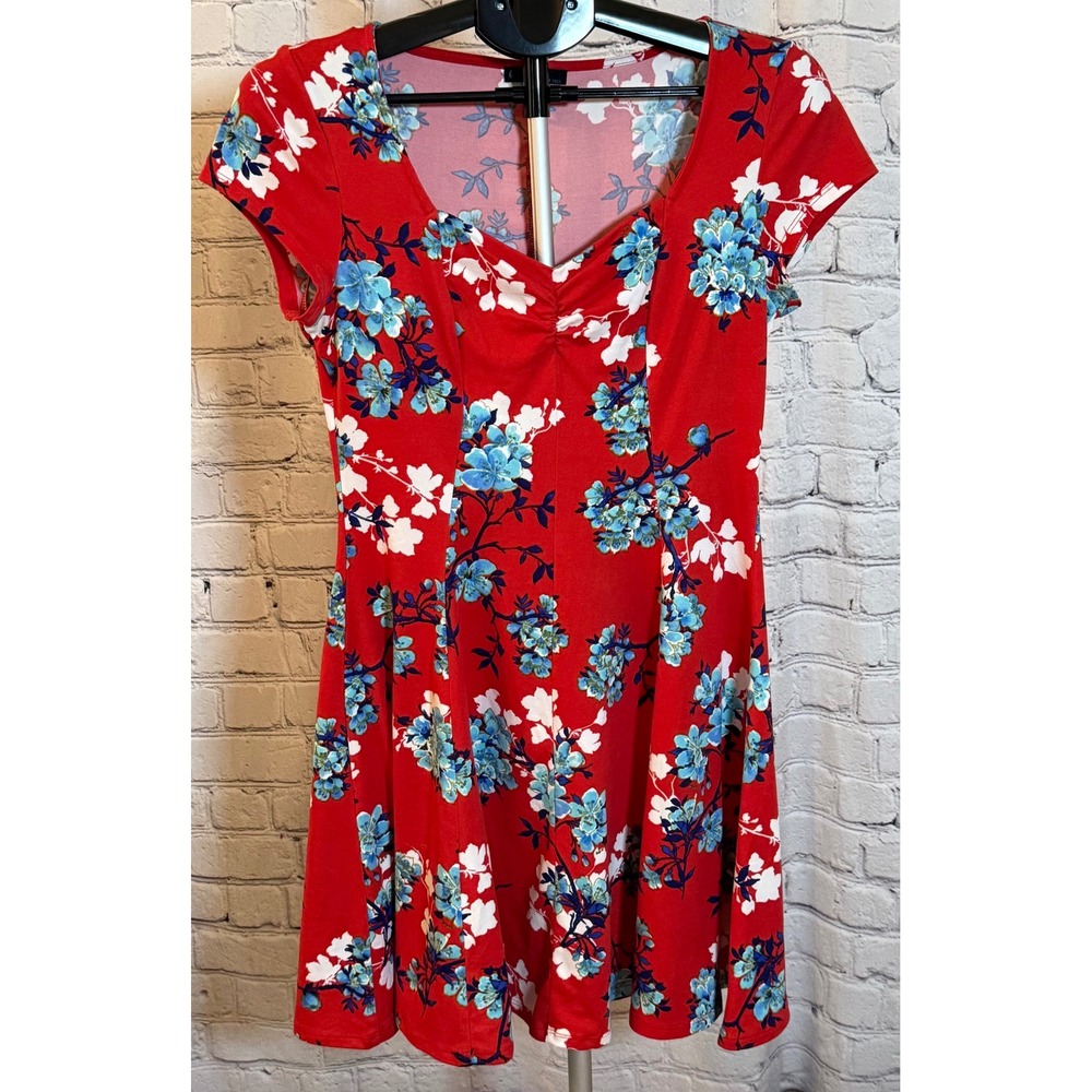 Bebop Red Floral Skater Dress Sweetheart Neck Blue White‎ Print Medium